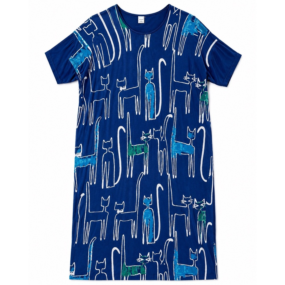 Nanso Finland Blue Cat Print T-Shirt Dress Short Sleeve Cotton Modal Large